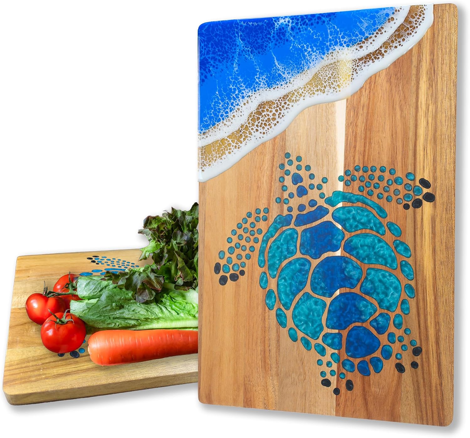 Acacia Wood Serving Board with Blue Resin Ocean Wave