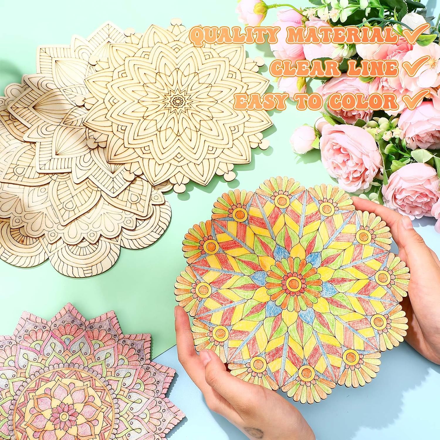 Wooden Mandala Painting Set with 10 Cutouts, 28 Pieces