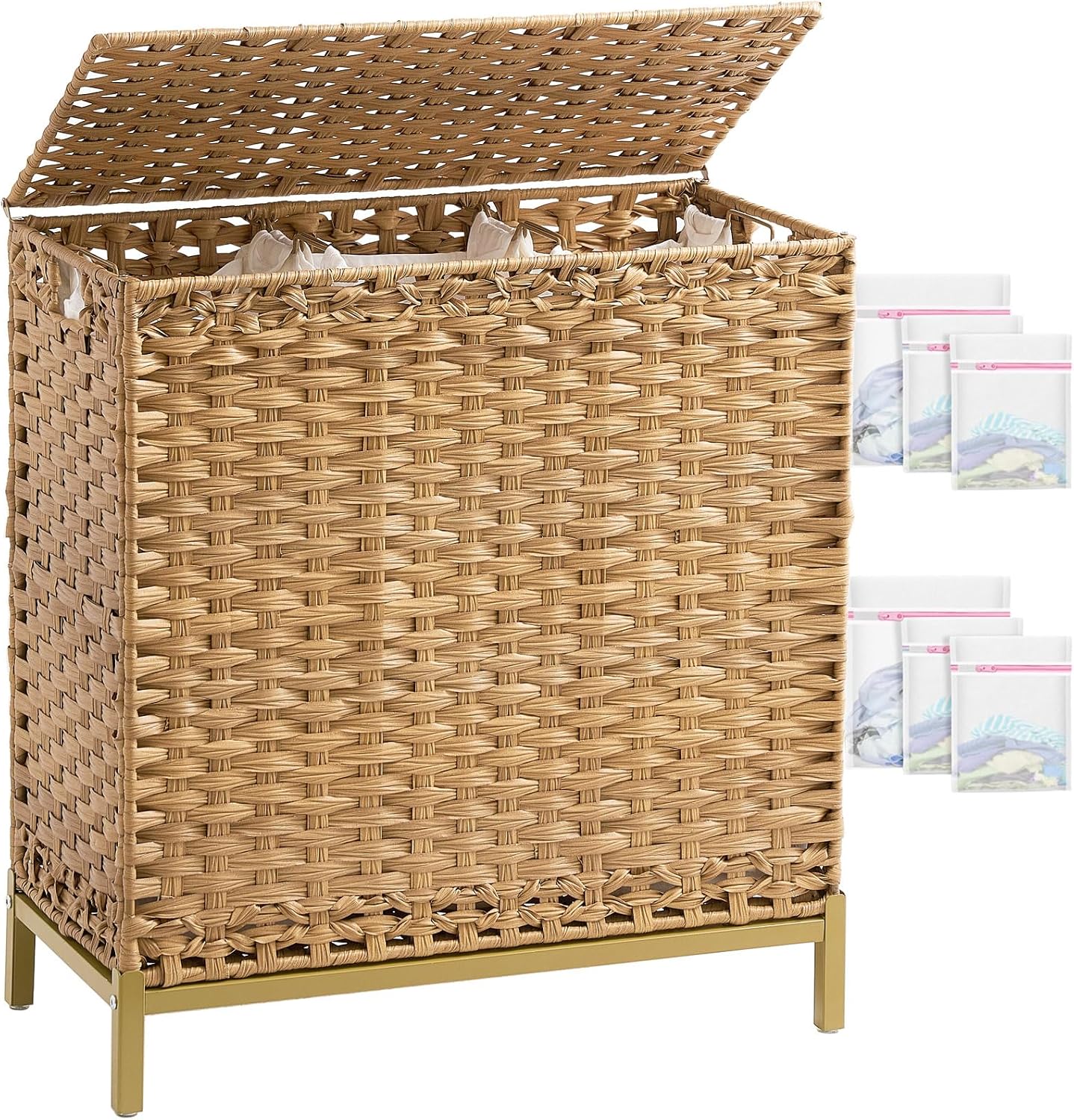 3-Section Laundry Sorter with Lid, 35 Gal - PE Rattan, 6 Wash Bags Included
