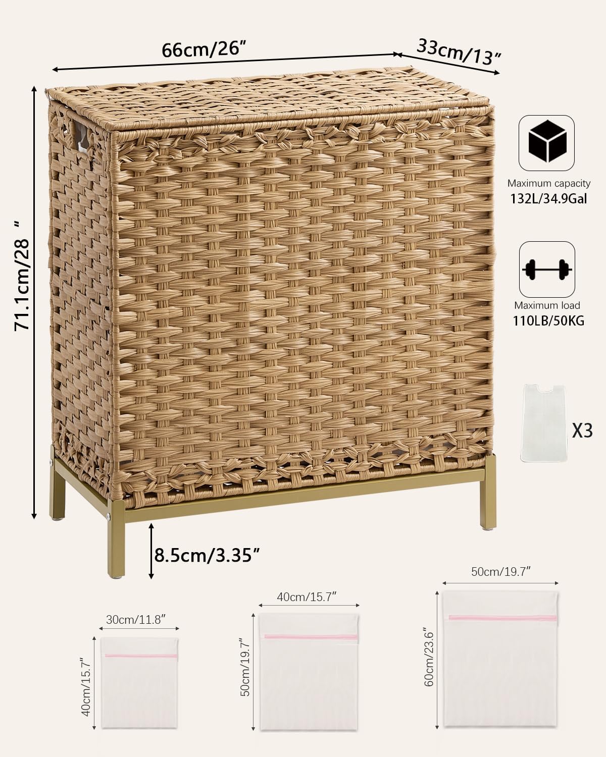 3-Section Laundry Sorter with Lid, 35 Gal - PE Rattan, 6 Wash Bags Included