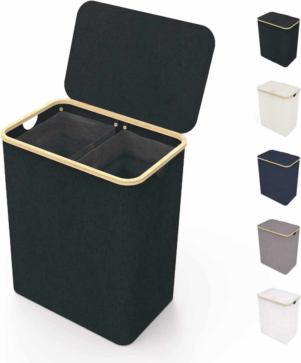 Double Laundry Basket with Lid, 40 Gallons - Bamboo Frame, Breathable Fabric