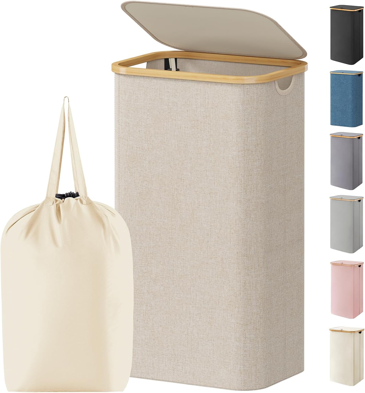 Laundry Basket with Lid, 105 L - Bamboo Handles, 1 Removable Bag, Beige