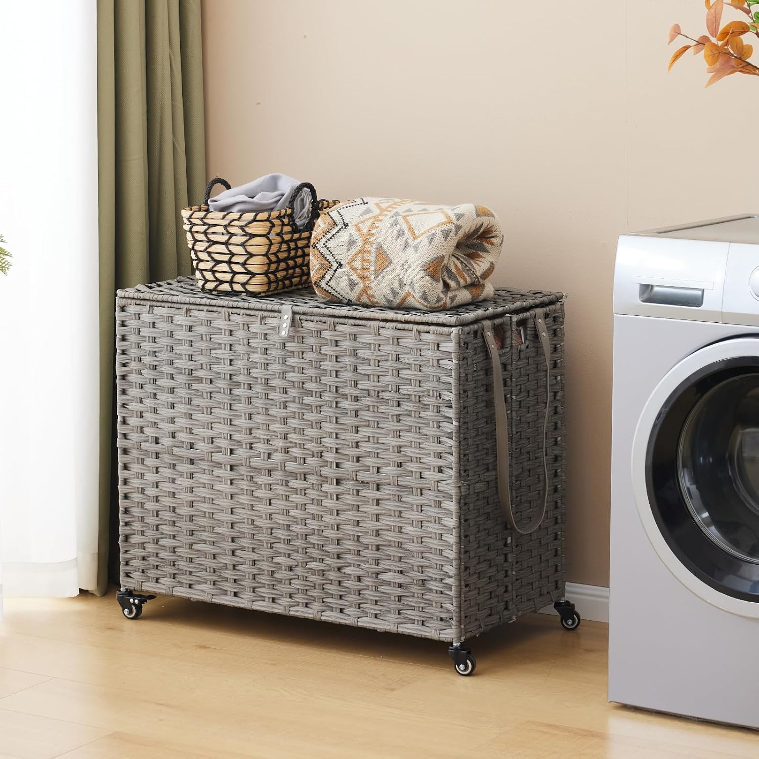Rolling Laundry Sorter with Lid, 200 L - 3 Sections, Rattan, 3 Liners and 3 Mesh Bags, Grey