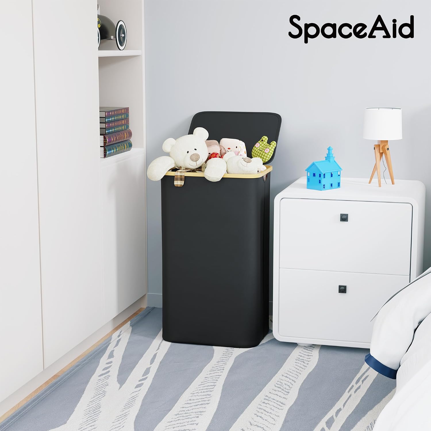 Tall Laundry Hamper with Lid, 110 L - Bamboo Handles, Collapsible, Black