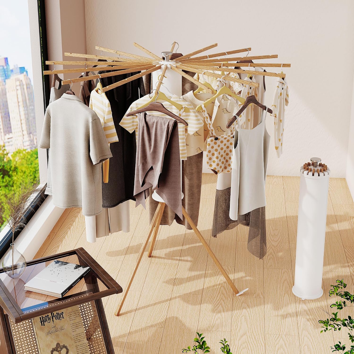 Foldable Clothes Drying Rack with 16 Wooden Poles - Collapsible, Retractable