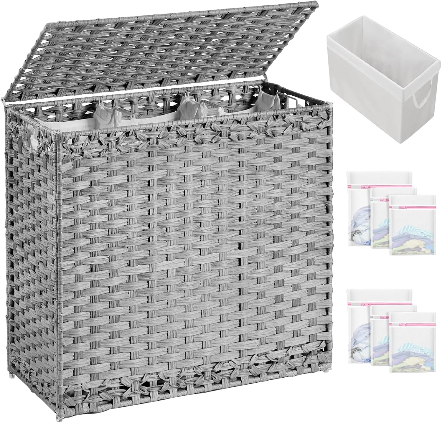 Laundry Hamper with Lid, 132 L - PE Rattan, 4 Washable Liners, 6 Mesh Bags, Grey