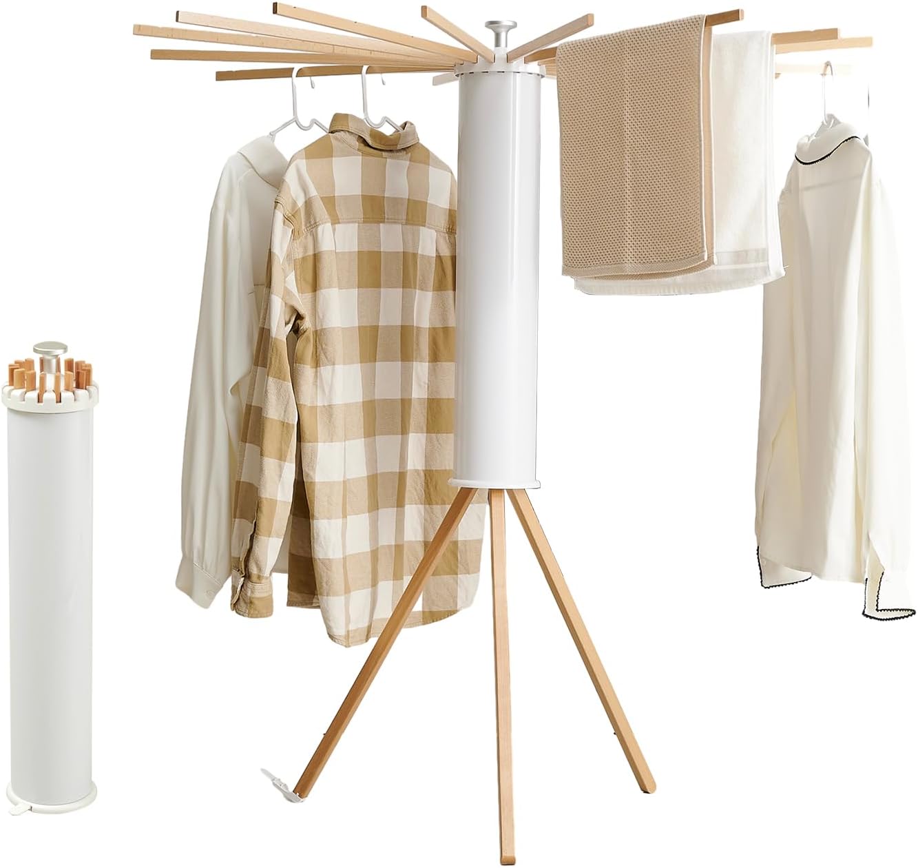 Tripod Clothes Drying Rack with 16 Wooden Rods - Freestanding, Space-Saving