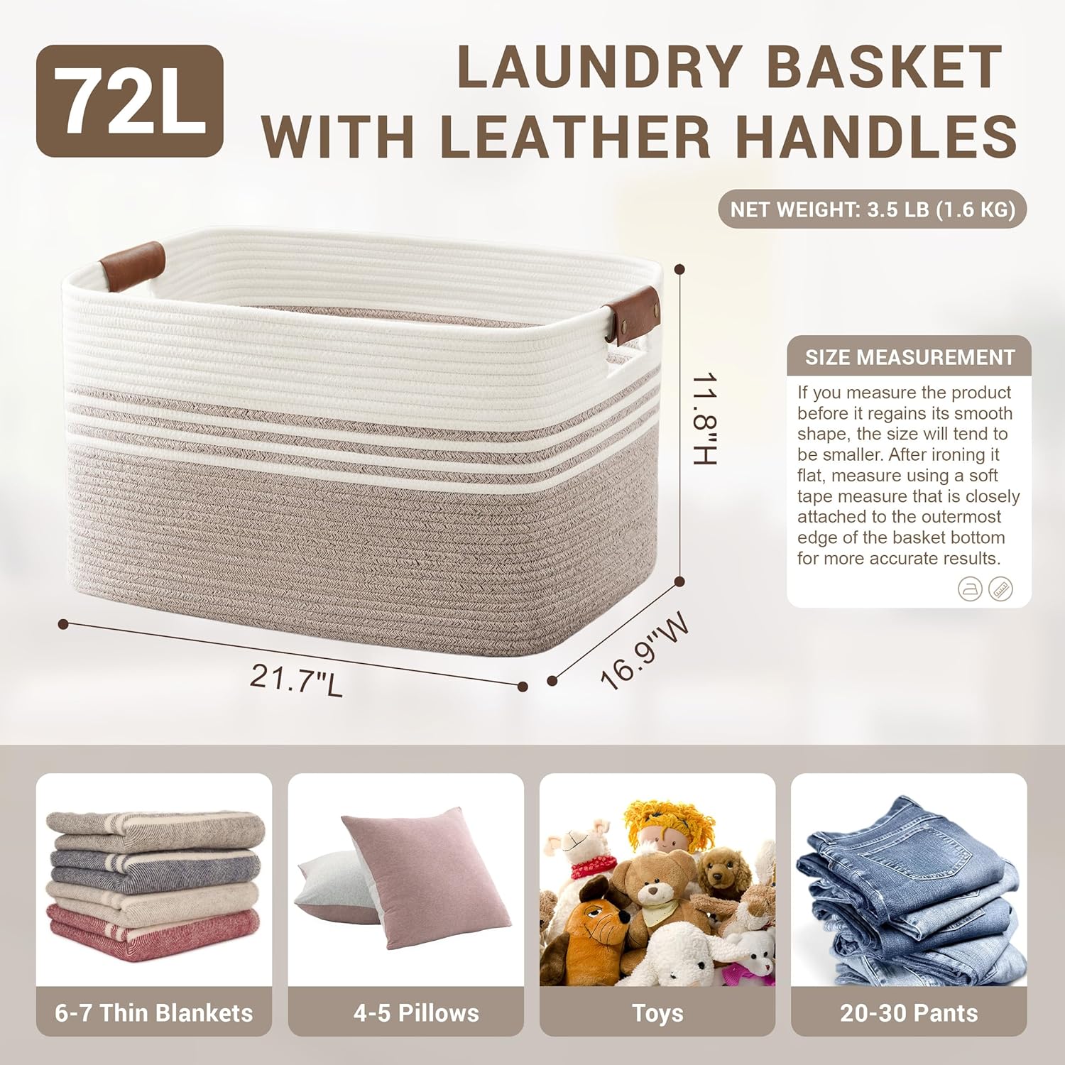 Woven Rope Laundry Basket with Leather Handles, 72 L - Collapsible, Brown